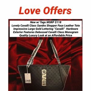 Cavalli Class Sandra Shopper Faux Leather Tote NWT W/ Lg Gold Lettering Cavalli